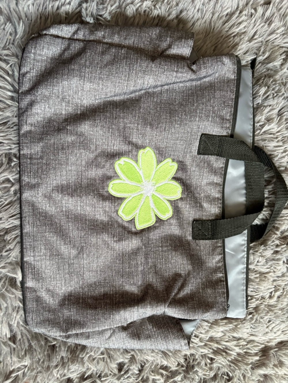 thirty-one Gray Tote Bag with Lime Green Floral Patch